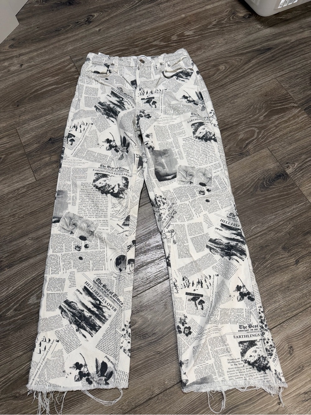 Reformation Black and White Newspaper-Print Wide-Leg Jeans